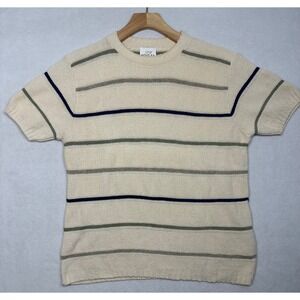 Vintage TR Bentley Striped Short Sleeve Knit Sweater Cream Blue Green Large